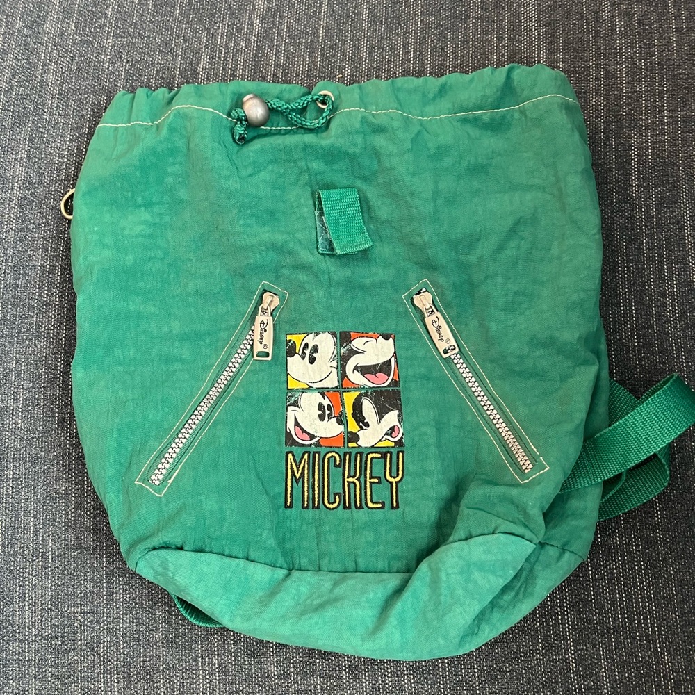 Vintage Disney Teal Mickey Mouse Drawstring Backpack Zipper Pockets